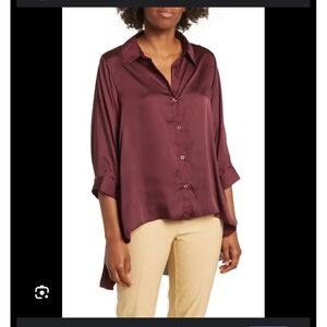 NWT BY DESIGN Burgundy Satin Collared Button Down Shirt Top Size S